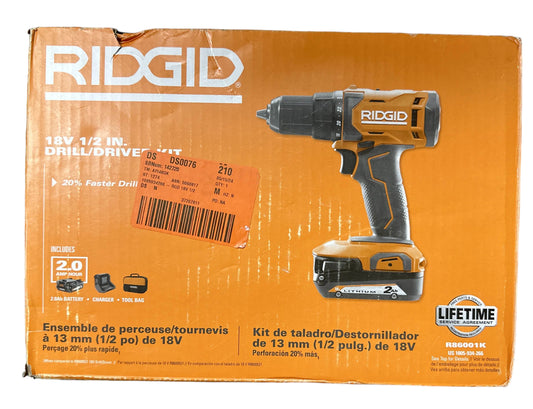 RIDGID 18V Cordless 1/2" Drill/Driver Kit w/ 2.0 Ah Battery/Charger -OPEN BOX-