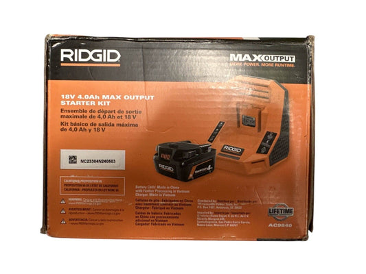 Ridgid AC9840 18V 4Ah MAX Output Starter Kit with Rapid Charger -USED-
