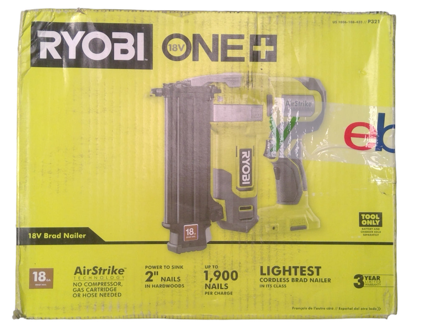 Ryobi-One+ P321 18V Cordless AirStrike Brad Nailer (Tool Only) -FOR PARTS-