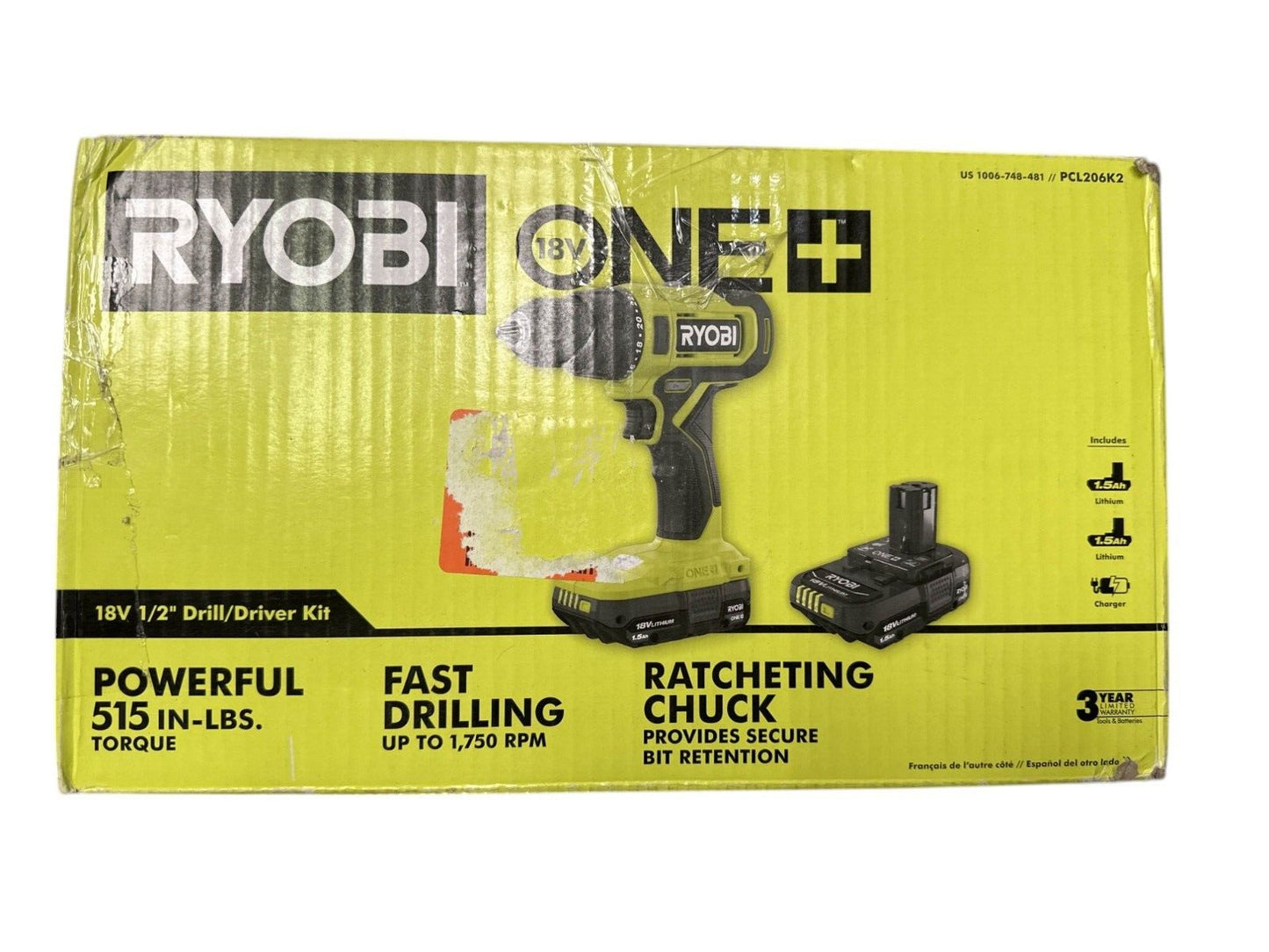 Ryobi 18V 1/2" Drill/Driver 2 Speed (2) 1.5 Ah Batteries Charger PCL206K2 -USED-