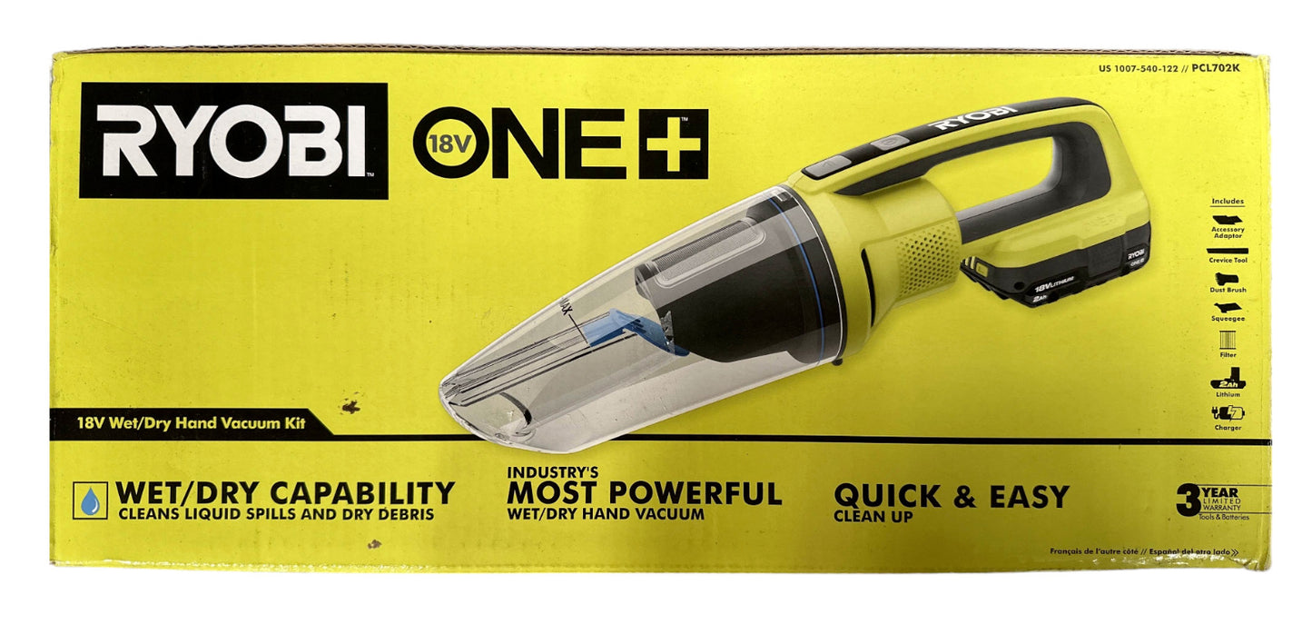 RYOBI PCL702K 18V ONE+ Cordless Wet/Dry Hand Vacuum w/ 2 Ah Battery & Charger