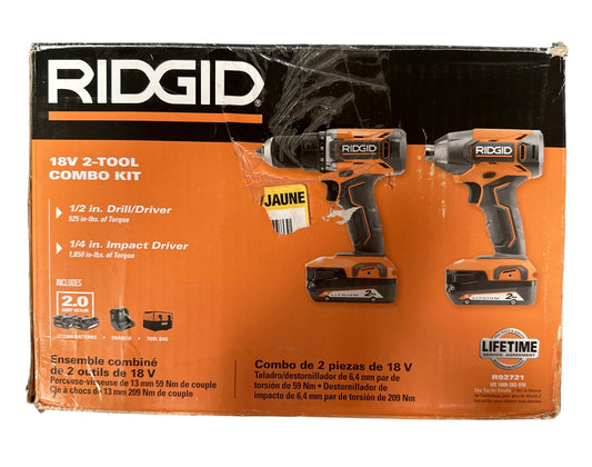 RIDGID 18V Drill Driver & Impact Driver W/ Charger & 2 (2.0Ah) Batteries R92721