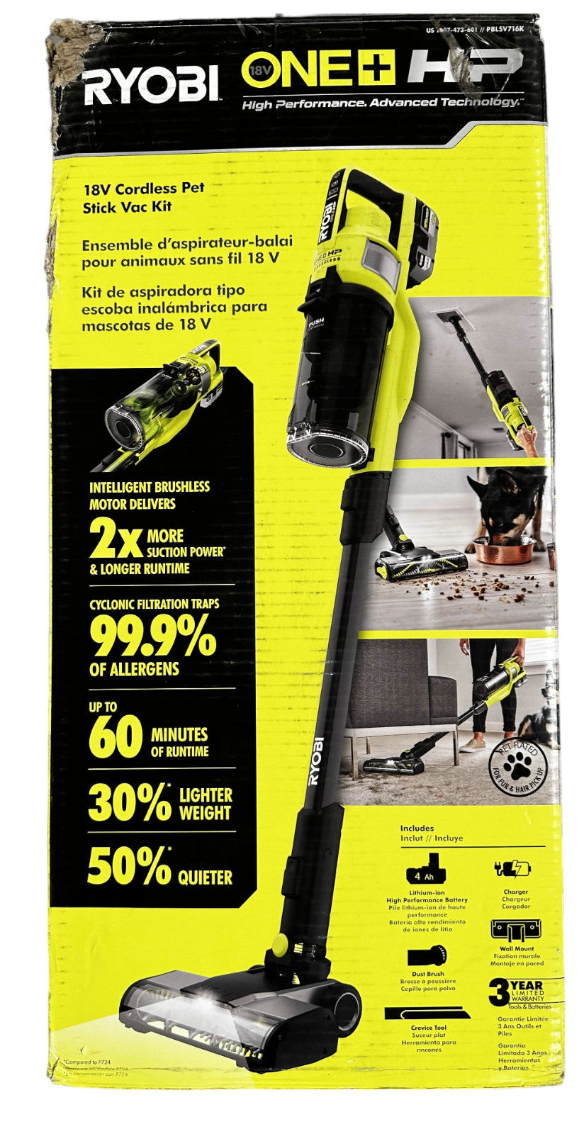 RYOBI PBLSV716B HP 18V Brushless Cordless Stick Vacuum Cleaner (Tool Only)-READ-