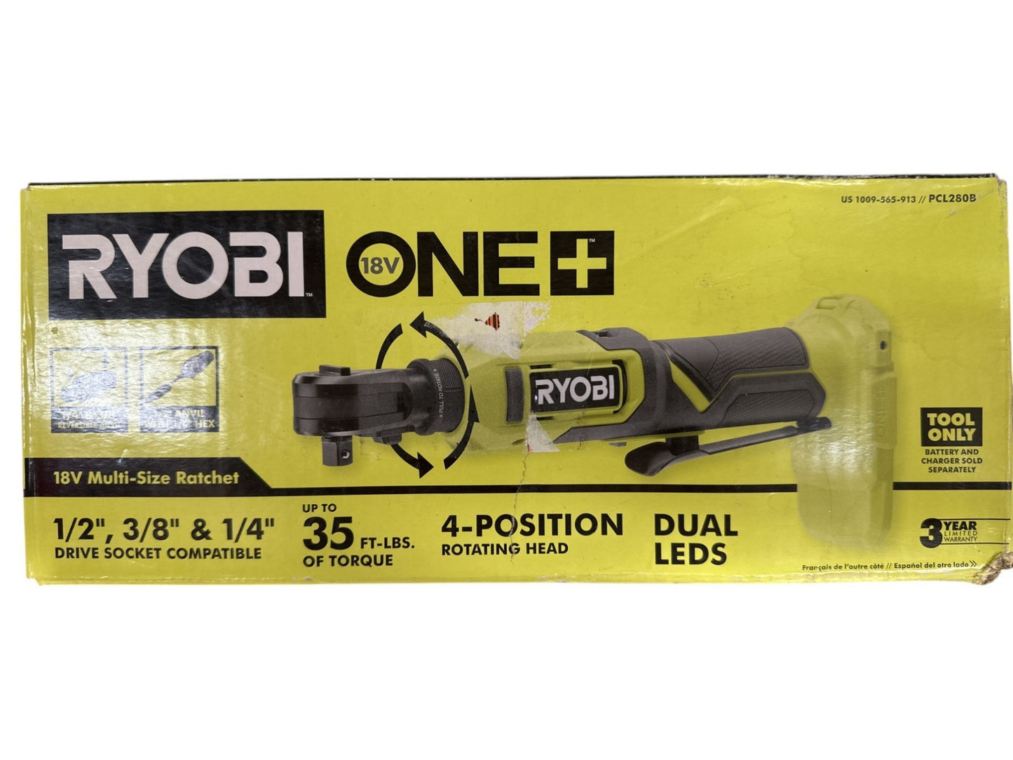RYOBI ONE+ 18V Cordless Multi-Size Ratchet PCL280 (Tool Only)-USED-MISSING HEX-