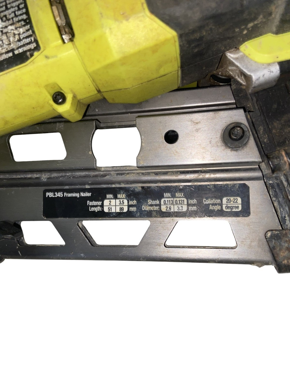 RYOBI PBL345B 18V Brushless 21-Gauge Framing Nailer (Tool Only) - Dirty