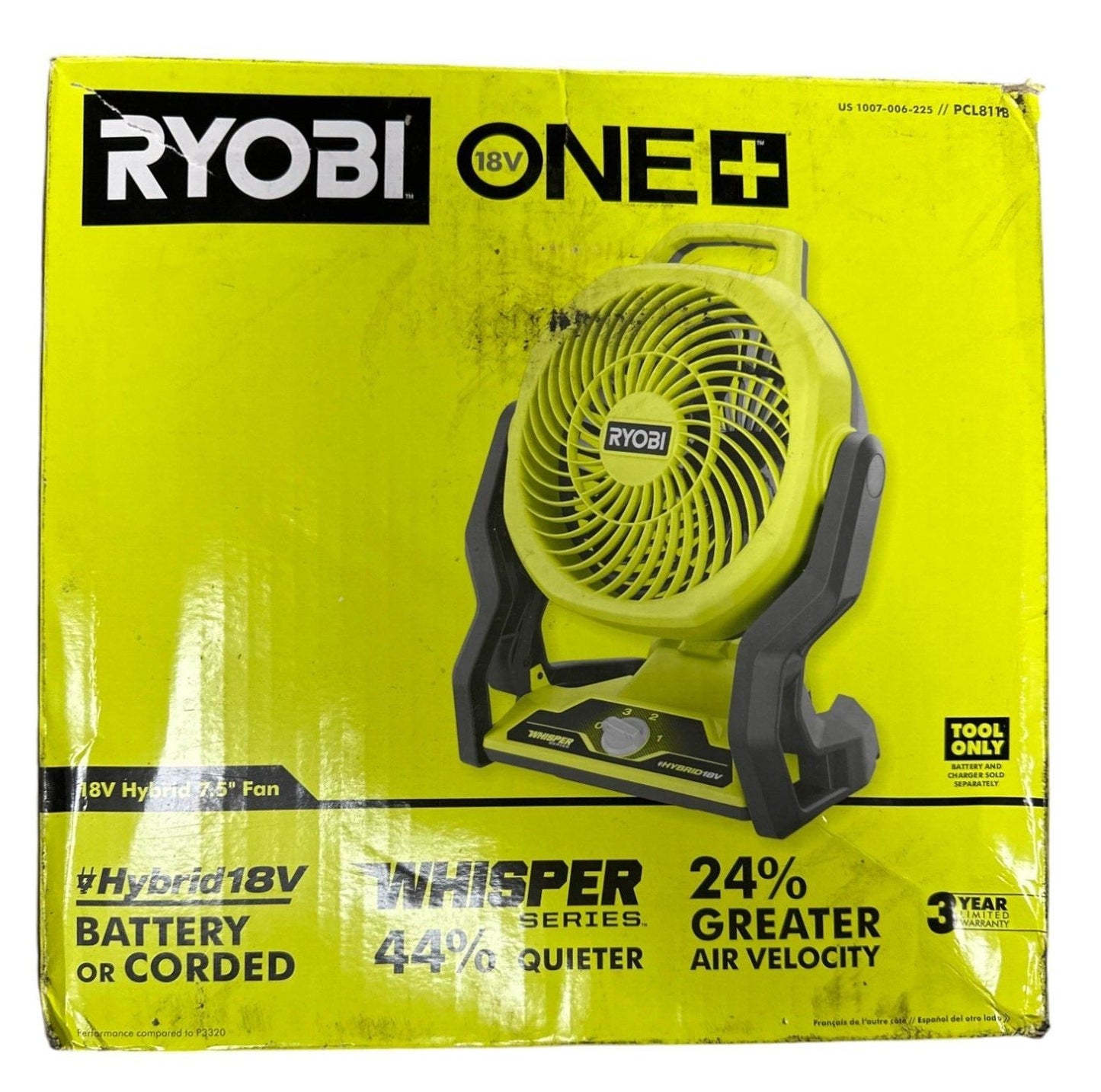 RYOBI 7-1/2" PCL811 Jobsite Fan 18V Cordless Hybrid WHISPER SERIES (Tool Only)