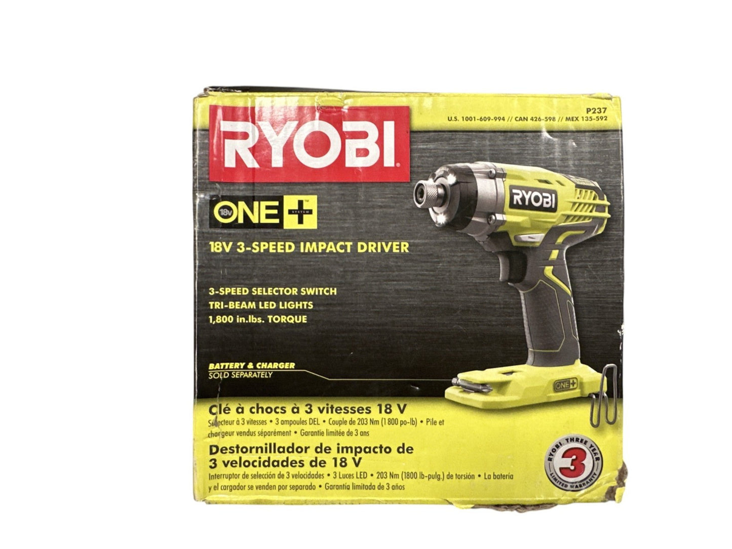Ryobi P237 ONE+ 18V 3-Speed 1/4" Cordless Hex Impact Driver Tool -OPEN BOX-