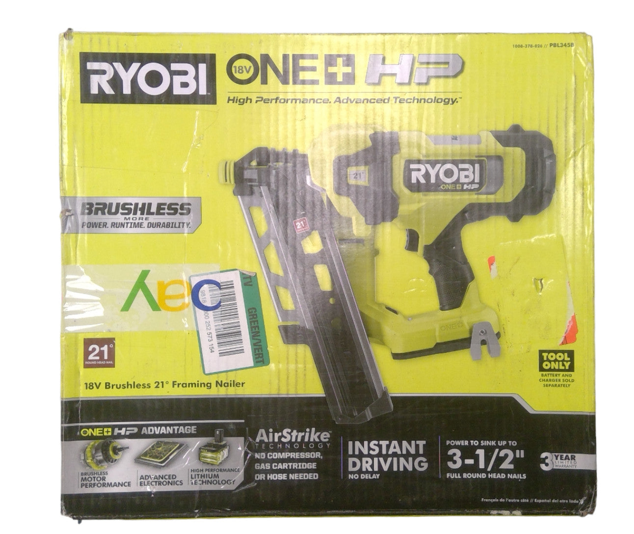 RYOBI PBL345B 18V Brushless 21-Gauge Framing Nailer (Tool Only)
