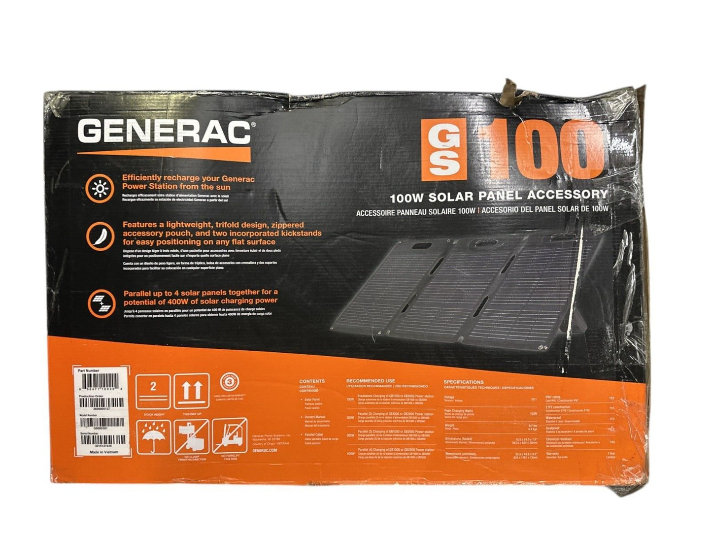 Generac GS100 100-Watt Solar Panel for GB Power Station -OPEN BOX-