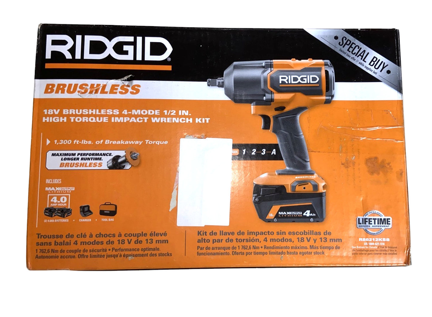 Ridgid R86212KSB 18V Brushless 4-Mode 1/2" High Torque Impact Wrench Kit
