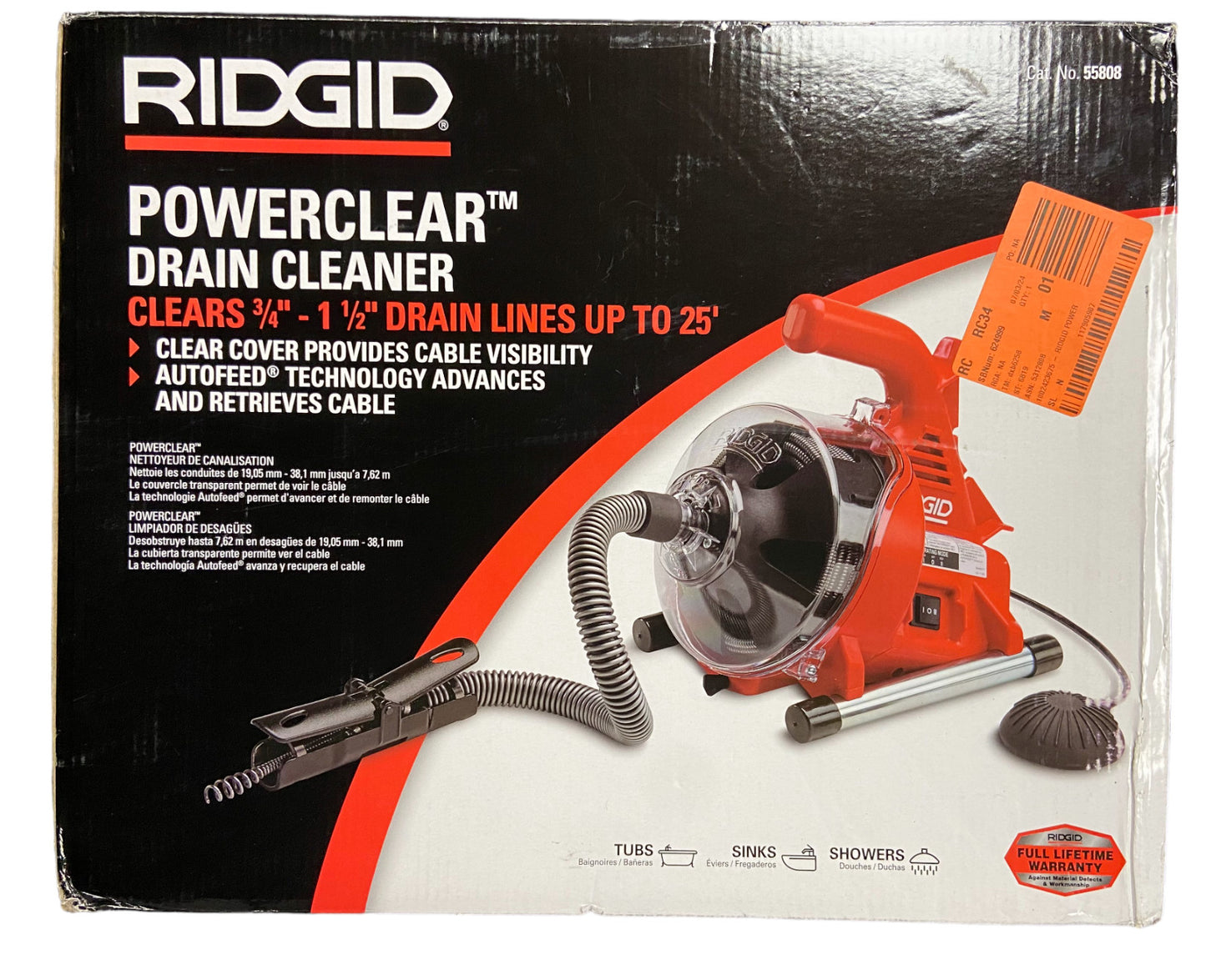 RIDGID Model 55808 Powerclear Drain Cleaner Clears 3/4"- 1-1/2"-OPEN BOX-