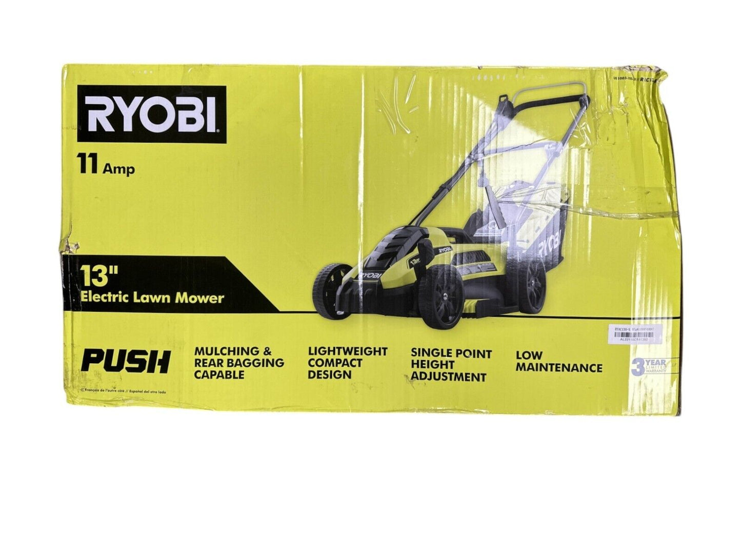 RYOBI Push Lawn Mower 13" Corded Electric Walk Behind, RYAC130-S-NO MULCH PLUG-