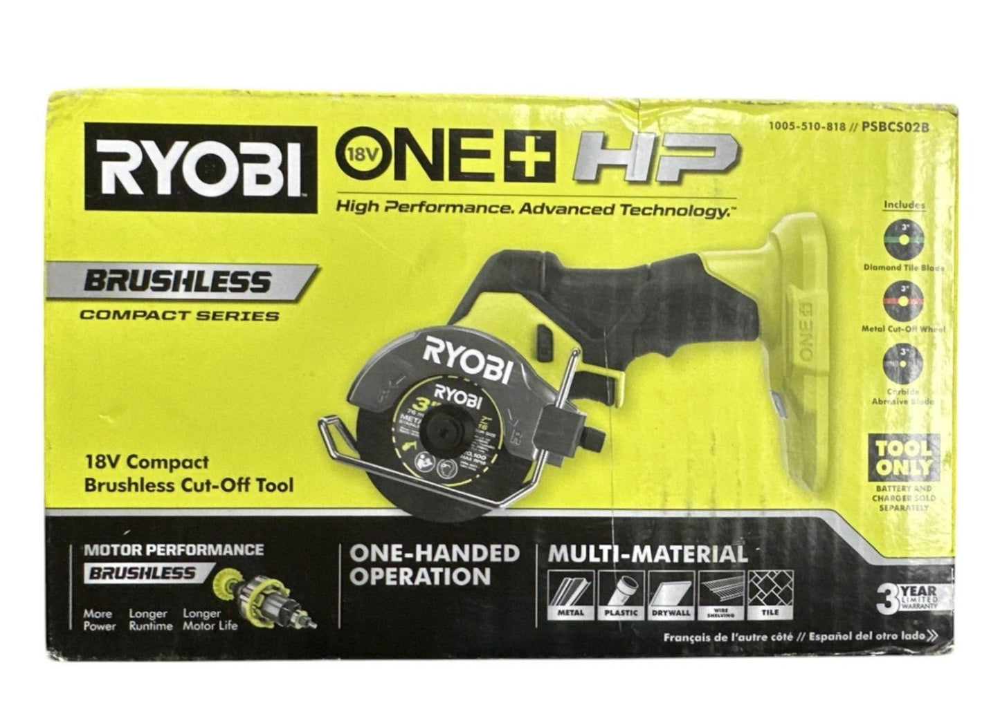 Ryobi PSBCS02B HP ONE+ Cordless Brushless 18v 3" Cut-Off Saw -USED-
