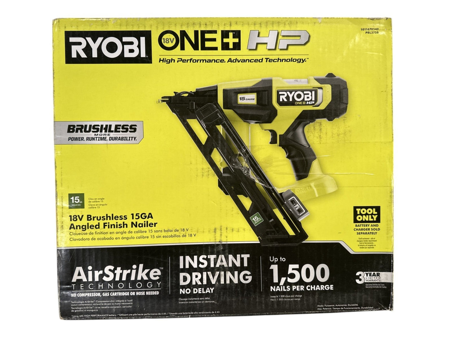 RYOBI PBL375B ONE+ HP 18V Brushless 15G 34 Angled Finish Nailer -Tool Only-