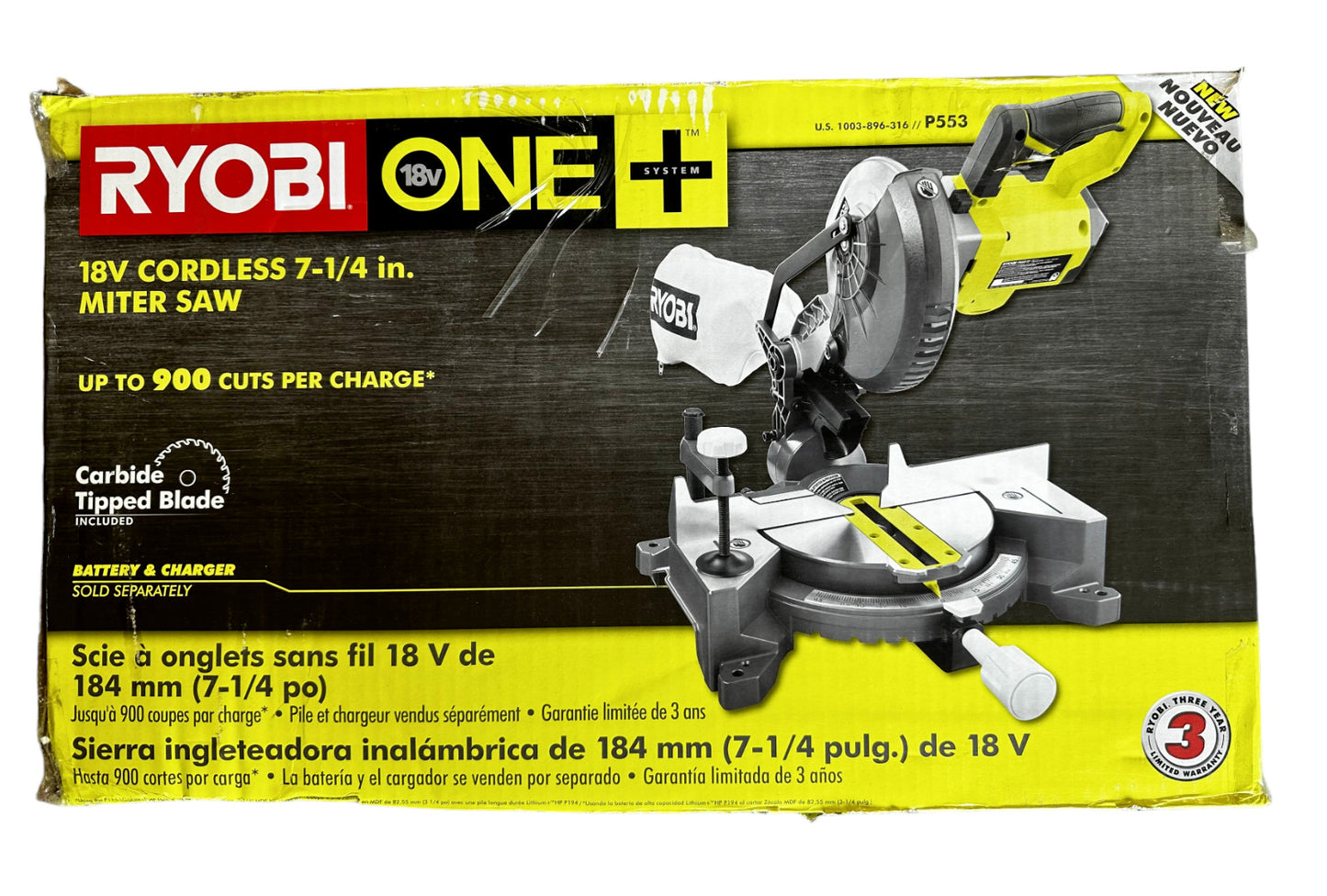 Ryobi P553 18-Volt  Cordless 7"-1/4" Compound Miter Saw - TOOL ONLY---READ---