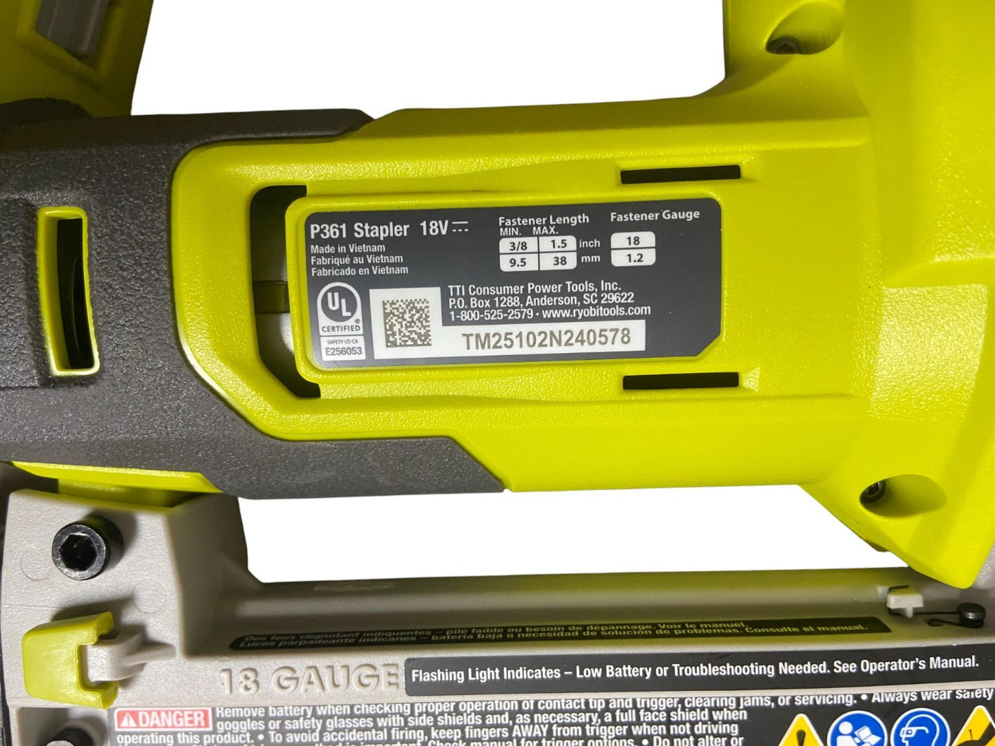 RYOBI 18V AirStrike 18-Gauge Narrow Crown Stapler Tool Only - P361 - MISSING TIP