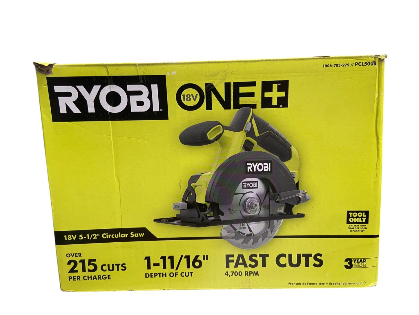 RYOBI ONE+ 18V Cordless 5-1/2"in Circular Saw (Tool Only) PCL500B-READ--
