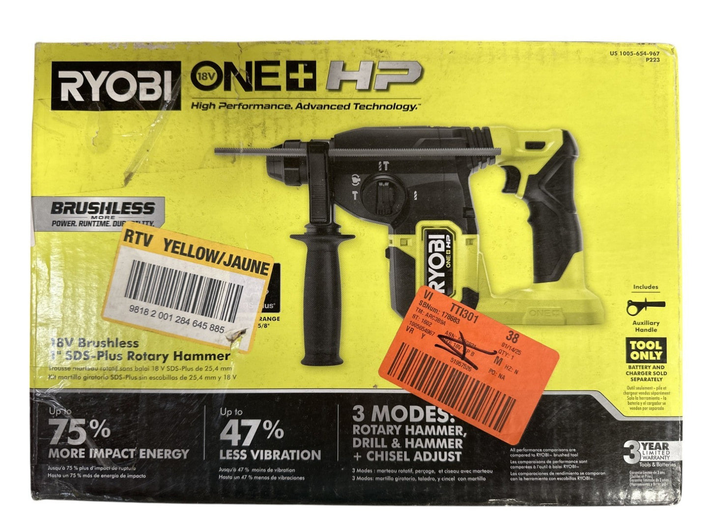 Ryobi P223 18V 1" Cordless Rotary Hammer Drill-USED-