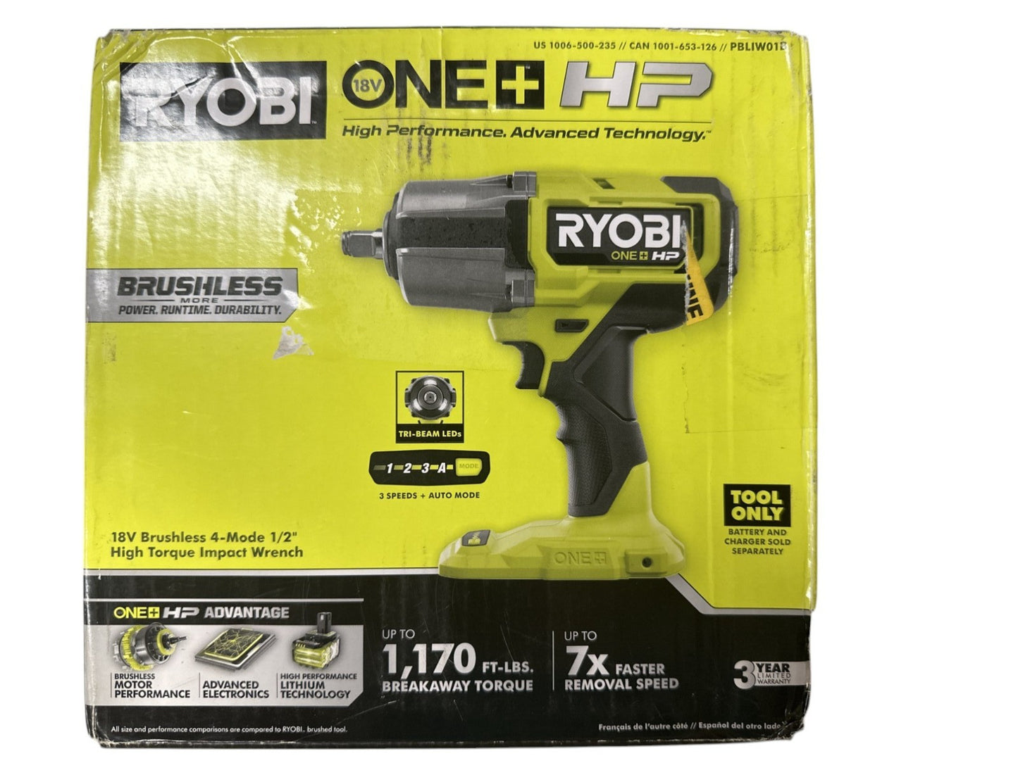 Ryobi PBLIW01B HP 18V 4-Mode 1/2” High Torque Impact Wrench Brushless-TOOL ONLY-