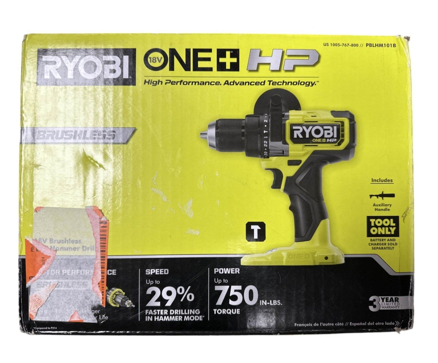 Ryobi PBLHM101B 18V Brushless Cordless 1/2" Hammer Drill-TOOL ONLY-