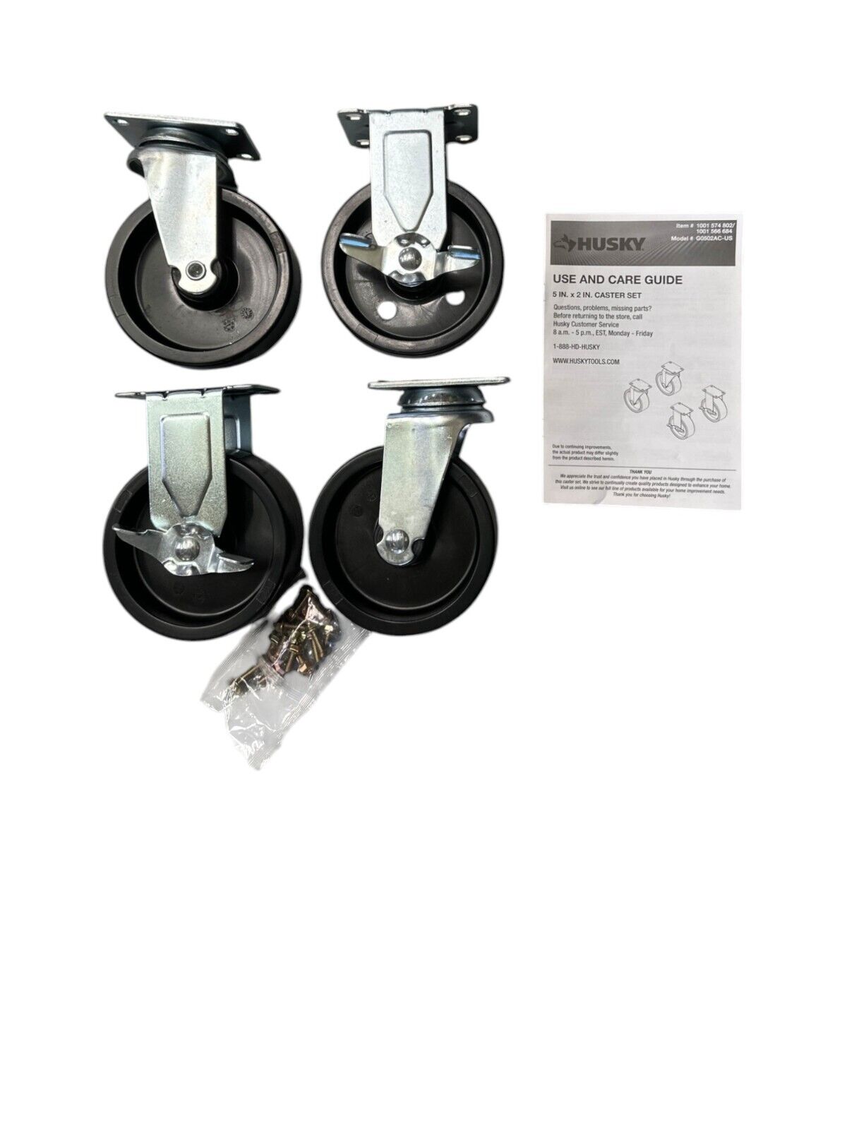 Husky 4-Wheel (Locking & Swivel) Caster Set, 5" X 2", Model-G0502AC-US OPEN BOX