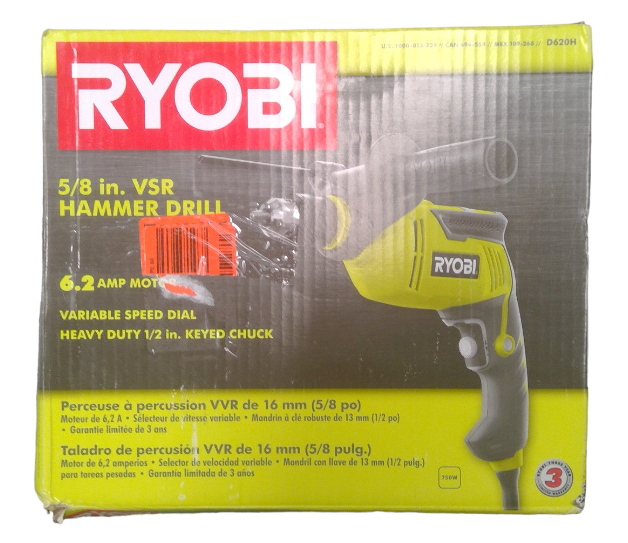 RYOBI D620H Reversible Hammer Drill 5/8" -MISSING DEPTH STOP ROD-