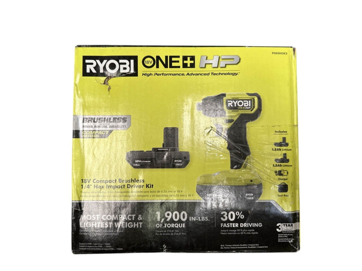 Ryobi PSBID02K2 One+ HP 18V 1/4" Hex Impact Driver w/ (2) 1.5Ah Batteries -USED-
