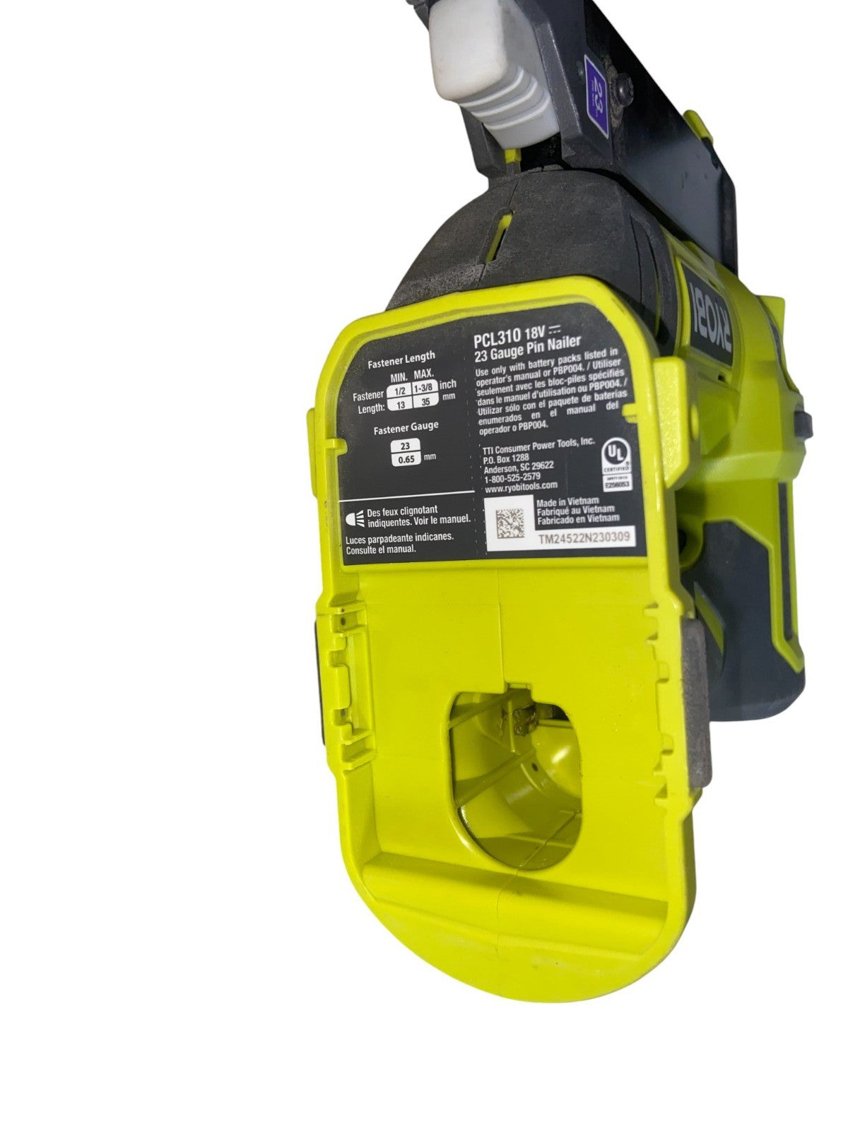 RYOBI PCL310B ONE+ 18v Airstrike 23ga Pin Nailer (Tool Only) - Writing On Item