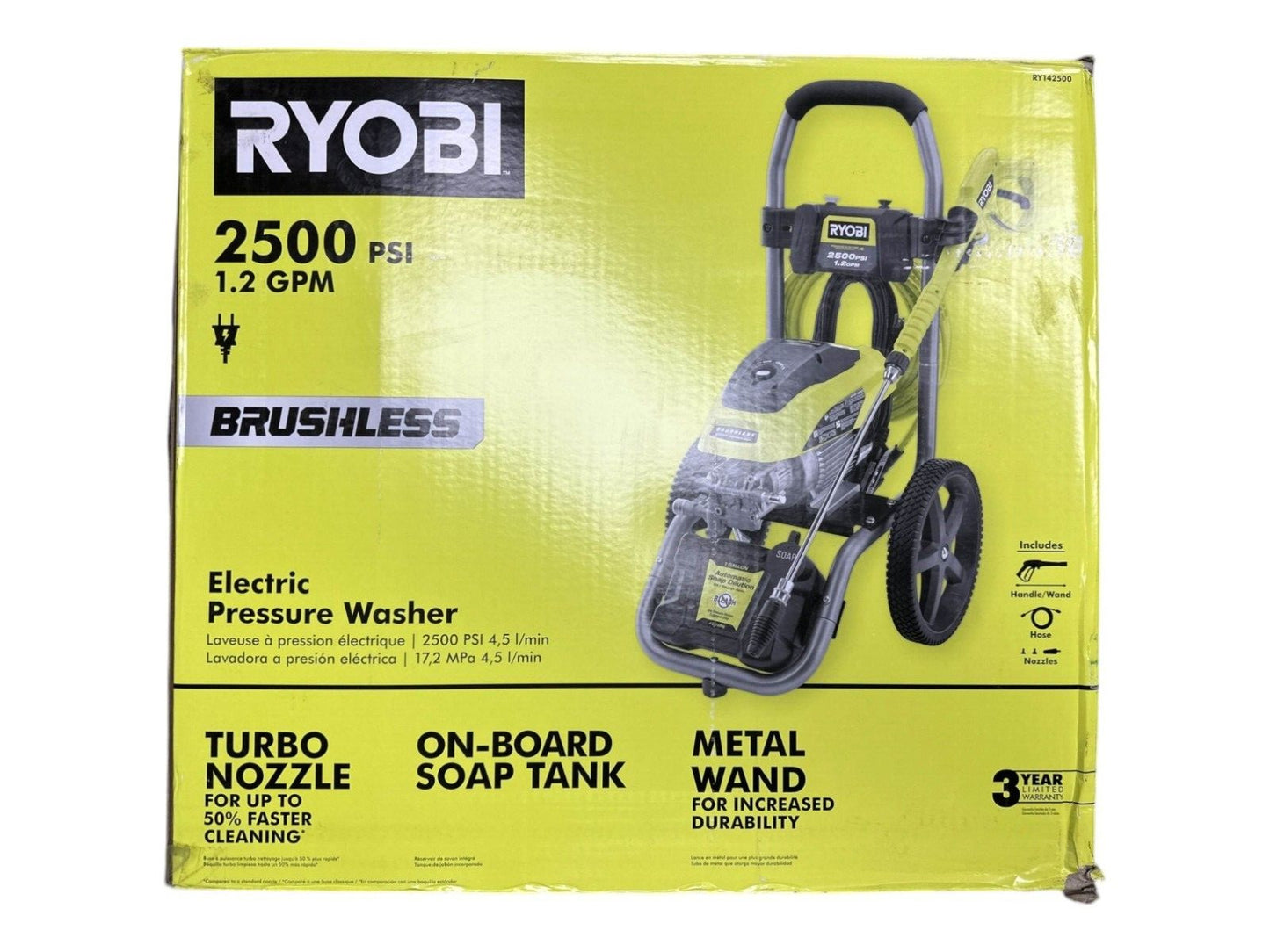 RYOBI RY142500 2500 PSI 1.2 GPM Cold Water Pressure Washer - NO TURBO NOZZLE