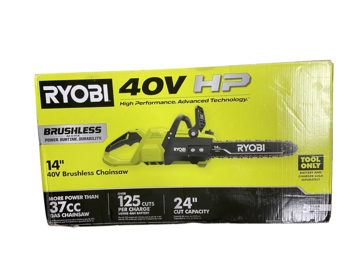 Ryobi RY405100 14" 40V HP Brushless Chainsaw (Tool Only) NO CHAIN OR SCABBARD